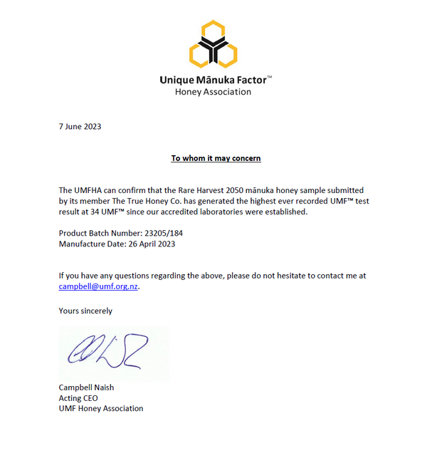 The True Honey Co. Rare Harvest 2050 MGO (34 UMF) Manuka Honey